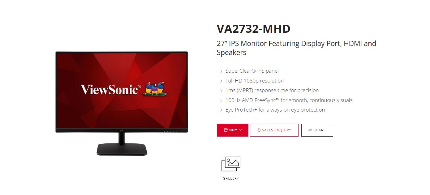 ViewSonic 27' Super Clear IPS, 4ms 100hz, Ultra Slim, FHD 1920 x 1080, DP, HDMI, VGA, 2x Speakers, VESA 100. Office Business Monitor, 3YARW VA2732-MHD100
