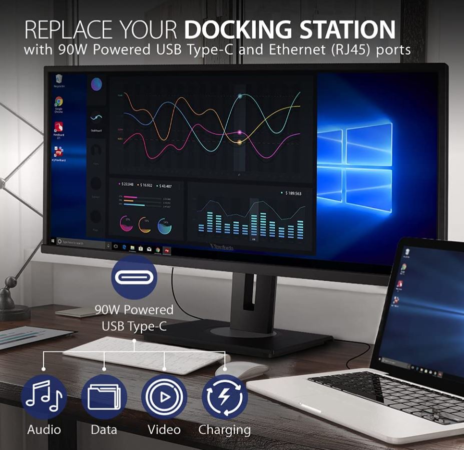 ViewSonic 34' WQHD 3440 x 1440, USB-C Docking, 90w Charger, Ethernet, FreeSync, Speaker, VDisplay, HAS, Superclear, VG3456 Business Monitor, 3YARW VG3456