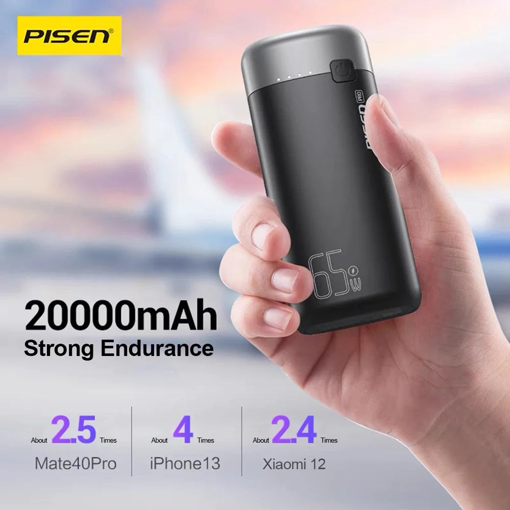 Pisen Pro 65W 20K (20000mAh) Laptop Power Bank (3 Port) + USB-C to USB-C Cable (50cm) - Black, 1x USB-C, 2x USB-A, Digital Display, 2 Years Warranty 6902957190350