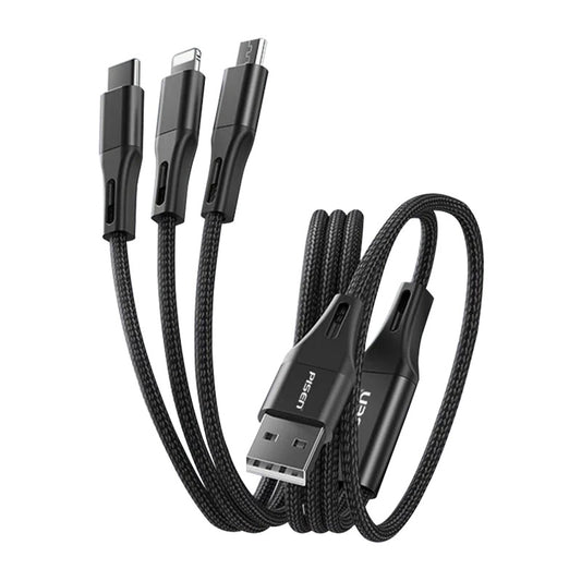 Pisen Braided 3-in-1 USB-A to Lightning + USB-C + Micro-USB Cable (1.5M) - Black, 3A/15W, Aluminum Alloy, Wear-Resistant, Faster Charging Speeds 6902957227292