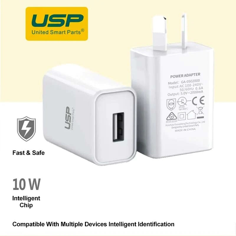 USP 10W USB-A Fast Wall Charger - White, Intelligent Chip, Smart Charging, Output Voltage DC5V/3A, Output Current 2A max, 2 Years Warranty 6972475750435