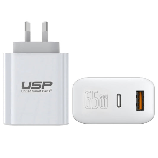 USP 65W Dual Ports (USB-C + USB-A) PD GaN Wall Charger White - PPS Technology, Intelligent, Travel Ready, Charge 2 Devices Simultaneously, Laptop Charger 6972890207996