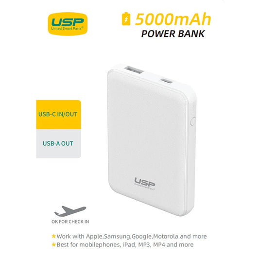 USP Mini 5K mAh Power Bank (18.5W) with Dual Ports (USB-C + USB-A) White - LED Power Indicator, Fast & Safe, Intelligent Charging, Meet Airport Aviation 697289020806