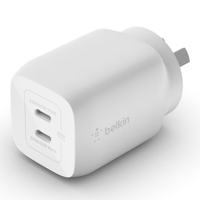 Belkin BoostCharge Pro 65W USB-C PD 3.0 PPS Dual GaN Wall Charger - White (WCH013auWH), Compact Laptop Charger, Travel-Ready, 2 Years Warranty WCH013auWH