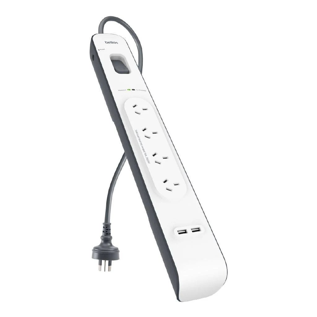Belkin SurgePlus 4-Outlet 2-Meter Surge Protection Strip With Two (2.4) Amp USB Charging Ports - White (BSV401au2M), 2M Power Cord, 2 Years Warranty BSV401au2M