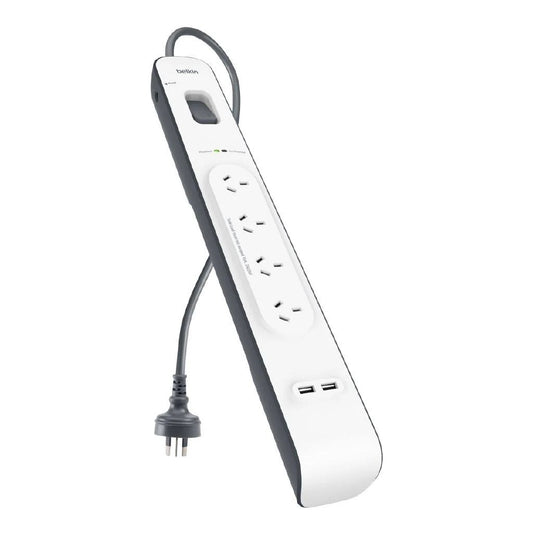 Belkin BSV401 4-Outlet 2-Meter Surge Protection Strip with two 2.4 amp USB charging ports, Complete Three-line AC protection, CEW $20, 000, 2YR BSV401au2M