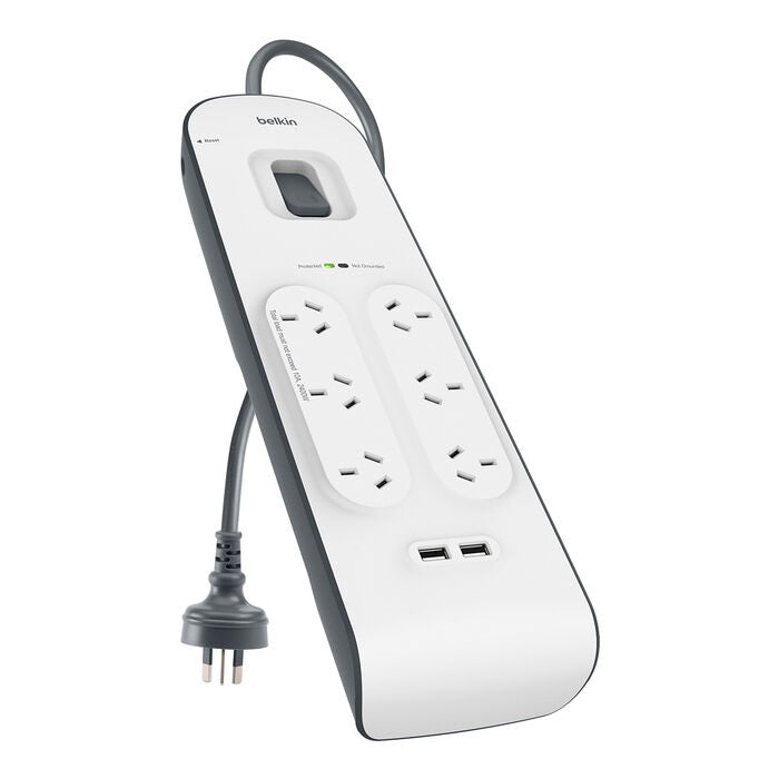 Belkin SurgePlus 6-Outlet 2-Meter Surge Protection Strip With Two (2.4) Amp USB Charging Ports - White (BSV604au2M), 2M Power Cord, 2 Years Warranty BSV604au2M