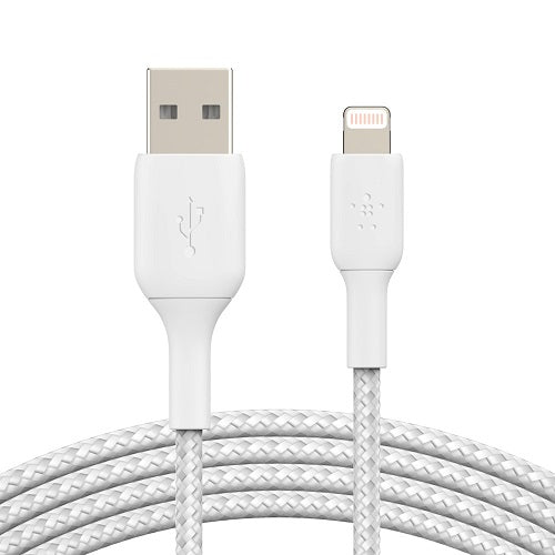 Belkin BoostCharge Braided Lightning to USB-A Cable (2M) - White (CAA002bt2MWH), 2.4A/12W, 480Mbps, 30K+ Bends, MFI-Certified, 2 Years Warranty CAA002bt2MWH