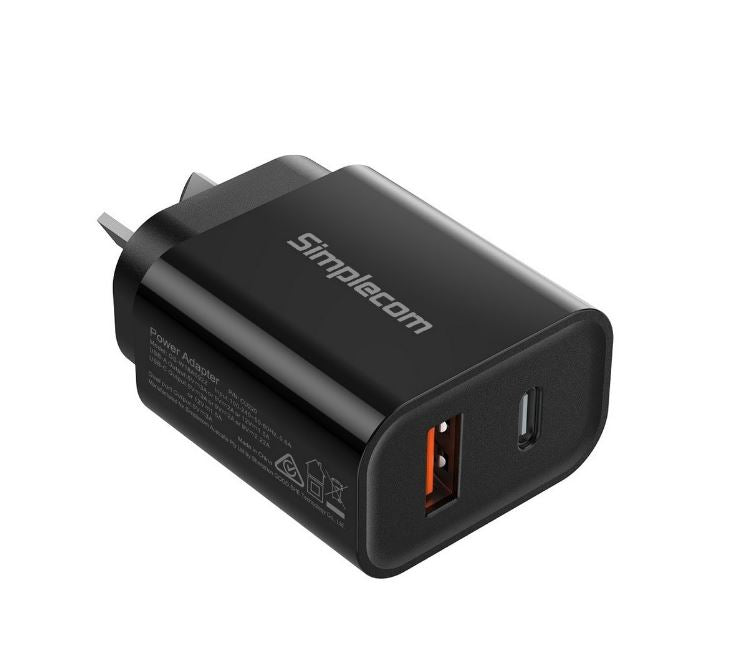 Simplecom CU220 Dual Port PD 20W Fast Wall Charger USB-C + USB-A for Phone Tablet CU220