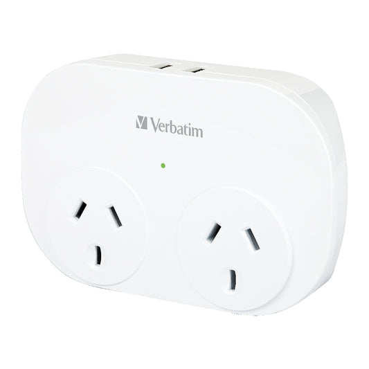 Verbatim Dual USB Surge Protected with Double Adaptor - White 2x USB Charger Outlet, Charge Phone and Tablet, Surge Protection, 2.4A Current Power 66595