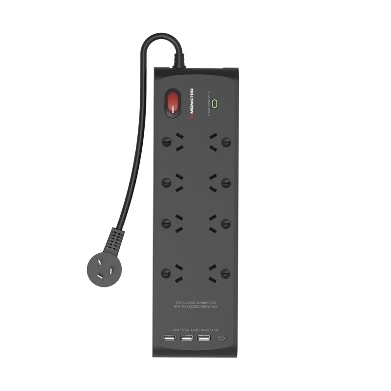 Monster 8 Socket Surge Protector with USB-C & USB-A Ports - MT-FPSP8700UB