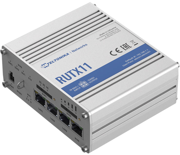 Teltonika RUTX11 Industrial Cellular Router, 4G LTE CAT 6, Dual SIM with auto failover, Backup WAN, Dual Band WiFi, Bluetooth LE, PSU included RUTX11200200