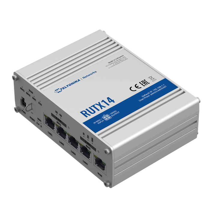 Teltonika RUTX14 4G LTE CAT12 Industrial Cellular Router, Instant LTE Failover, Dual Band WiFi 802.11ac, GNSS/GPS and Bluetooth LE, PSU included RUTX14000300