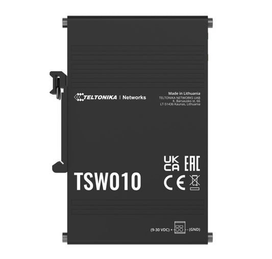 Teltonika TSW010 - DIN Rail Switch, 5x Ethernet ports with speeds of up to 100 Mbps, Integrated DIN rail bracket - PSU excluded (PR3PRAU6) TSW010000000