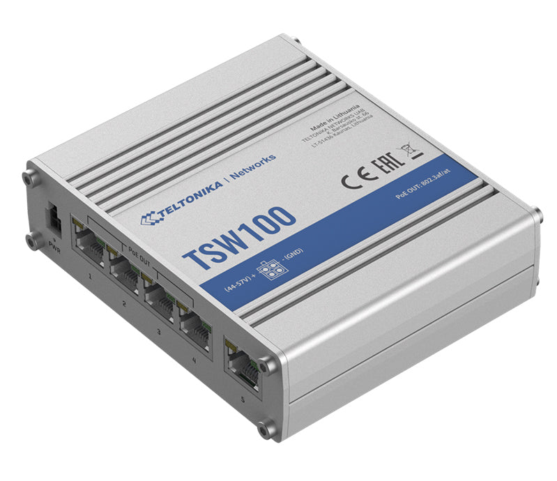 Teltonika TSW100 Industrial POE+ Ethernet Switch, 4 x PoE+ Ports, Power Up to 120W, 5 x Gigabit Ethernet with speeds up to 1000 Mbps, PSU included TSW100010020