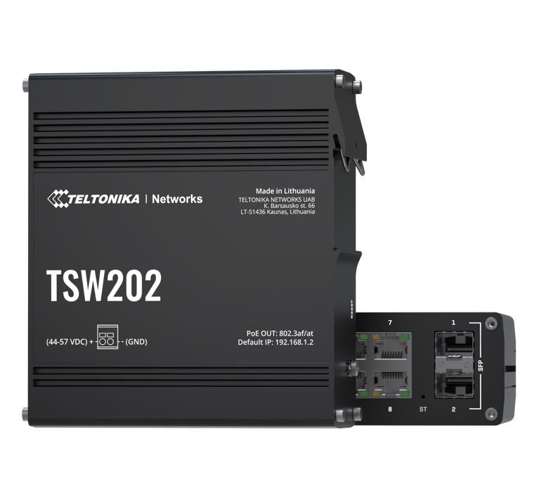 Teltonika TSW202 Managed PoE+ Ethernet Switch, Supports Profinet, 2 SFP Ports, 8 Gigabit Ethernet Ports Providing 30W of Power Each, PSU excluded TSW202000000