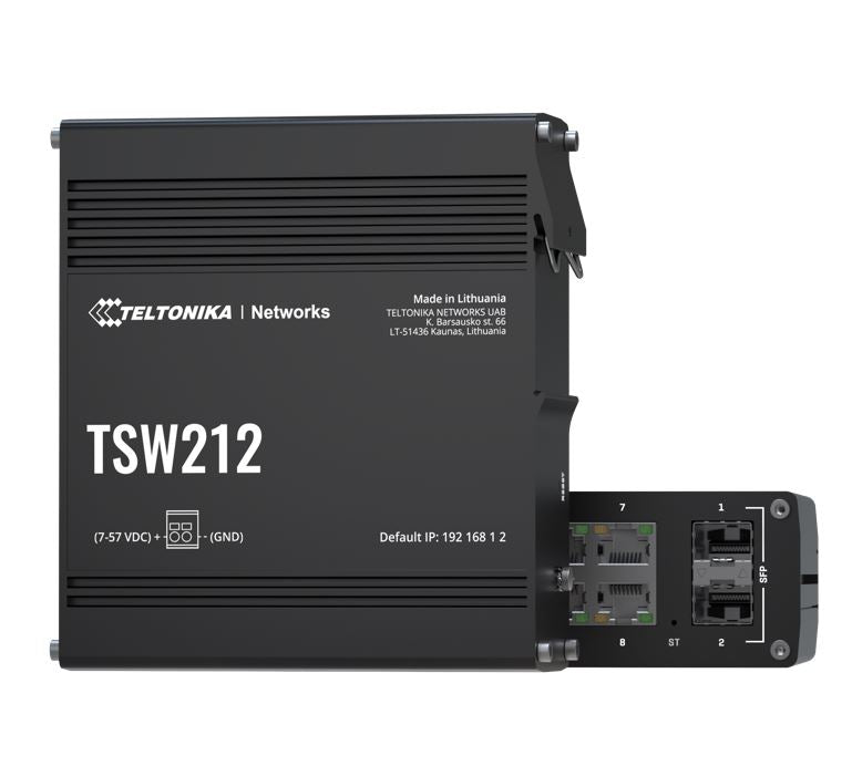 Teltonika TSW212 Managed Ethernet Switch, L2 with additional L3 Features, Supports Profinet, 8 x Gigabit Ethernet Ports, 2 x SFP Ports, PSU excluded TSW212000000