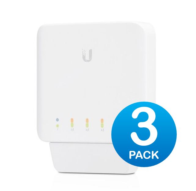 Ubiquiti USW Flex 3 Pack- Managed, Layer 2 Gigabit switch with auto-sensing 802.3af PoE support. 1x PoE In, 4x PoE Out, USW-Flex-3