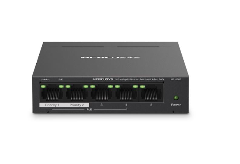 Mercusys MS105GP 5-Port Gigabit Desktop Switch with 4-Port PoE+, 10/100/1000 Mbps RJ45 ports, Up to 250 m MS105GP