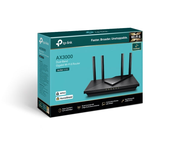 TP-Link Archer AX55 AX3000 Dual Band Gigabit Wi-Fi 6 Router, 2402 Mbps 5GHz, OFDMA, OneMesh, 4x High-Gain Antenna, Improved Battery, Alexa Compatible Archer AX55
