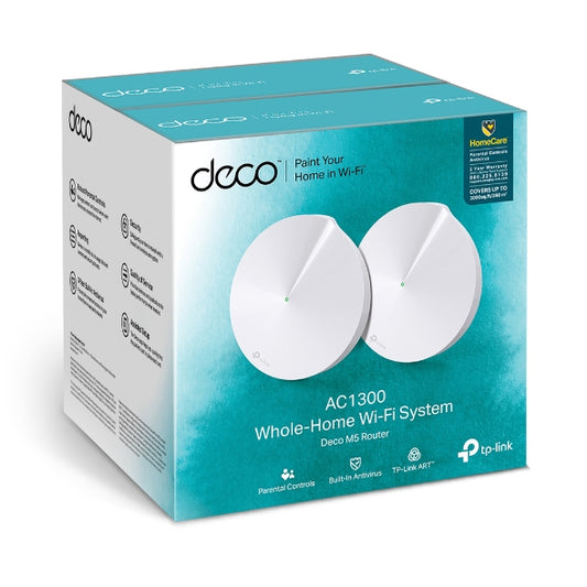 TP-Link Deco M5 (2-Pack) Whole Home Mesh Wi-Fi 1300Mbps System, Built-In Antivirus, Quality of Service, Covers 350sqm 2xGbit Port USB-C, BT, Homecare Deco M5(2-pack)