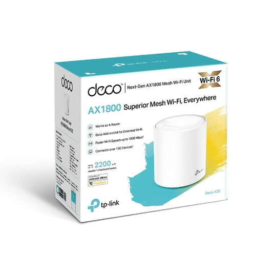 TP-Link Deco X20 (1-pack)AX1800 Whole Home Mesh Wi-Fi 6 System, Up To 200 sqm Coverage, WIFI6, 1201Mbps @ 5Ghz, 574Mbps @ 2.4 GHz OFDMA, MU-MIMO (WIFI Deco X20(1-pack)