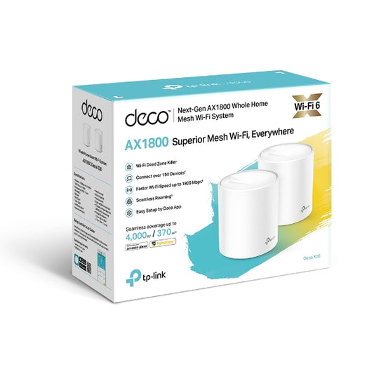 TP-Link Deco X20(2-pack) AX1800 Whole Home Mesh Wi-Fi 6 System, Up To 370 sqm Coverage, WIFI6, 1201Mbps @ 5Ghz, 574Mbps @ 2.4 GHz OFDMA, MU-MIMO (WIFI Deco X20(2-pack)