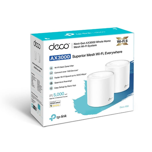TP-Link Deco X60 (2-pack) AX5400 Whole Home Mesh Wi-Fi 6 System (WIFI6), Up to 460sqm Coverage, WPA3, TP-Link Homecare, OFDMA, MU-MIMO (3.20v) Deco X60(2-pack)