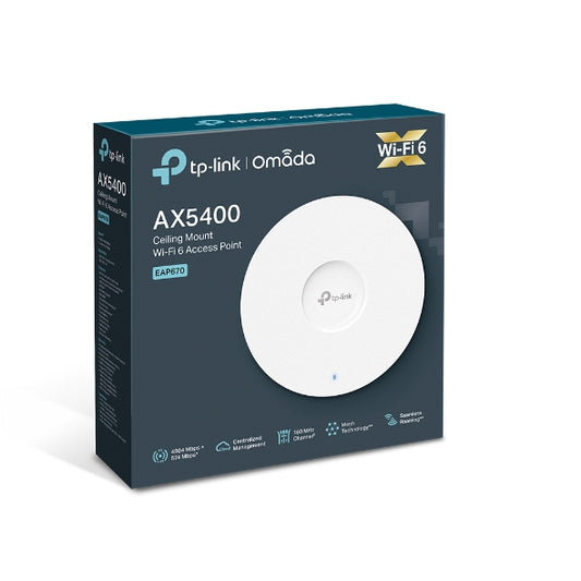 TP-Link EAP670 AX5400 Ceiling Mount WiFi 6 Access Point, 574 Mbps 2.4 GHz and 4804 Mbps 5 GHz, (RJ-45), Omada Cloud Management, Seamless Roaming EAP670