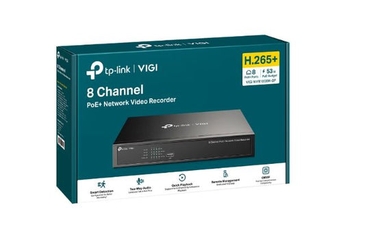 TP-Link VIGI NVR1008H-8P 8 Channel PoE+ Network Video Recorder, 53W PoE Budget, H.265+, 4K Video Output & 16MP Decoding Capacity (HDD Not Included) VIGI NVR1008H-8P