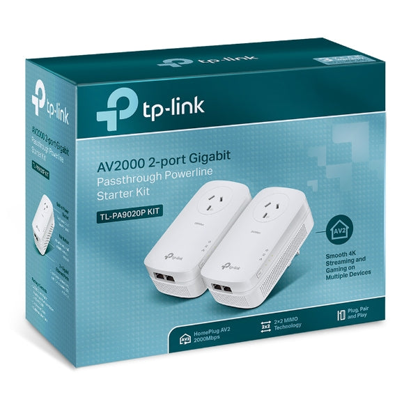 TP-Link TL-PA9020P KIT AV2000 2-Port Gigabit Passthrough Powerline Starter Kit, HomePlug AV2, Up To 2000Mbps, 2X2 MIMO With Beamforming, Plug and Play TL-PA9020P KIT