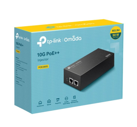 TP-Link POE380S Omada 10G PoE++ Injector PORT: 1x 10Gbps PoE Port, 1x 10Gbps Non-PoE Port, SPEC: 802.3bt/at/af Compliant, 90 W PoE Power, Data and Pow POE380S