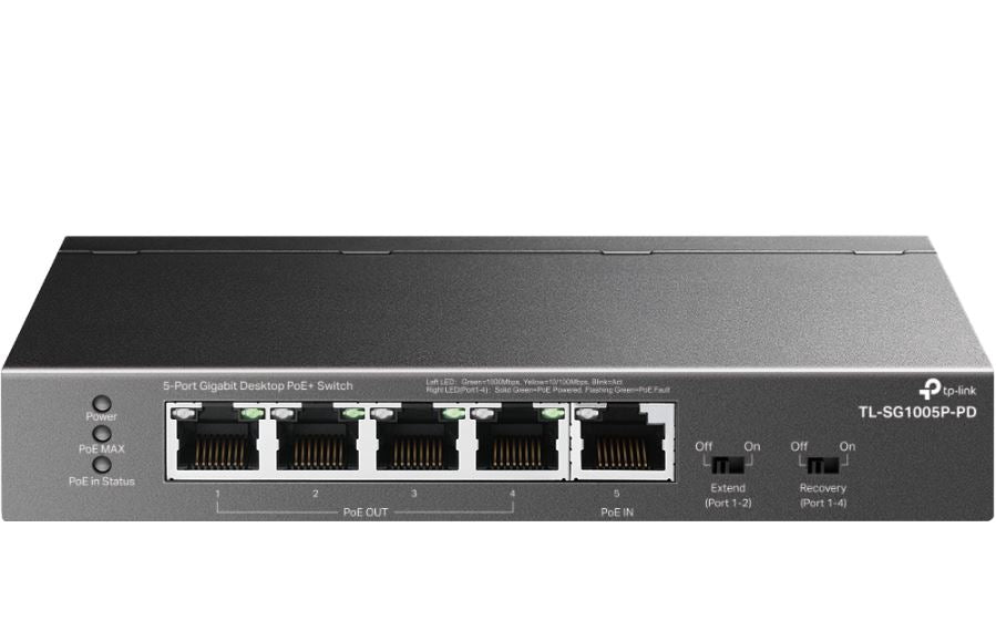 TP-Link TL-SG1005P-PD 5-Port Gigabit Desktop PoE+ Switch with 1-Port PoE++ In, 4-Port PoE+ Out, Metal Case, Long Range 250M, Up to 66W Total POE Budge TL-SG1005P-PD