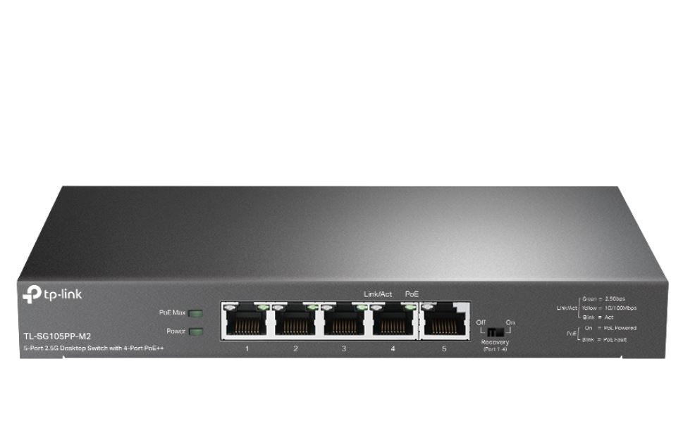 TP-Link TL-SG105PP-M2 5-Port 2.5G Desktop Switch with 4-Port PoE++, 4x 2.5G PoE++ Ports, 1x 2.5G Non-PoE Port, PoE Auto Recovery for Port1-4, Plug and TL-SG105PP-M2
