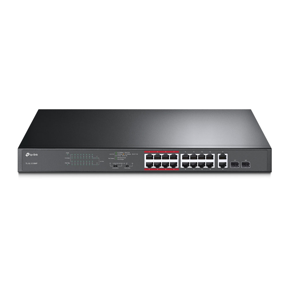 TP-Link TL-SL1218MP 16-Port 10/100Mbps PoE+ Switch, 16 10/100Mbps RJ45 Ports, 2 Gigabit RJ45 Ports, 2 Combo SFP Slots, 802.3at/af, 192W PoE Power, 1U TL-SL1218MP