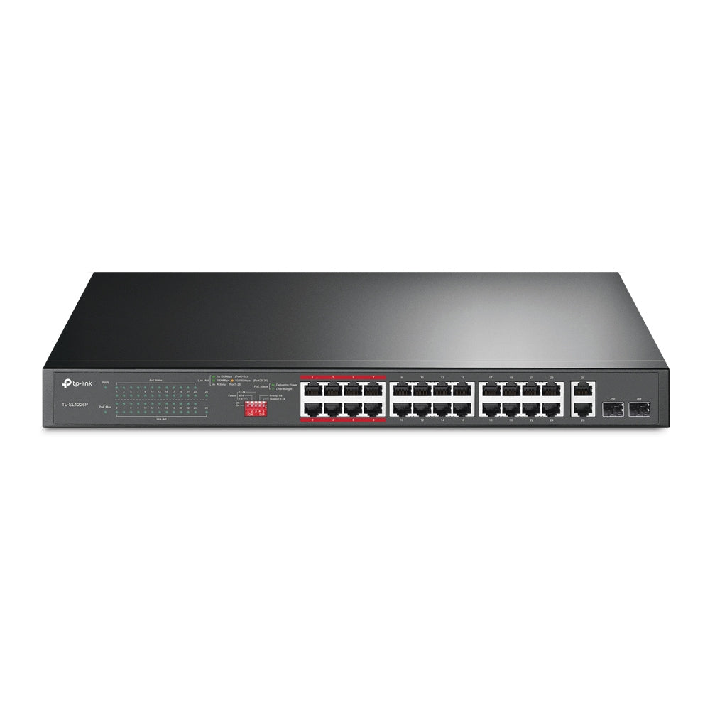 TP-Link TL-SL1226P 24-Port 10/100Mbps + 2-Port Gigabit Unmanaged PoE+ Switch, Up To 250W For all PoE Ports, Up To 30W Each PoE Port TL-SL1226P
