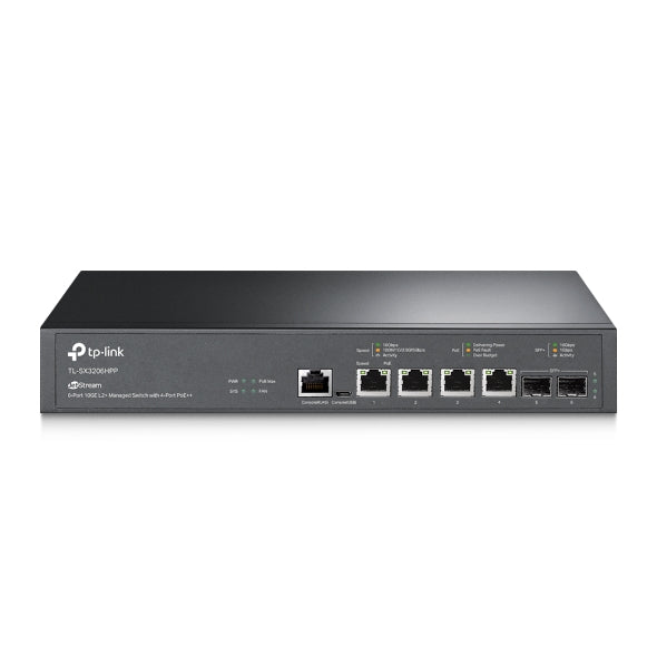 TP-Link SX3206HPP Omada JetStream 6-Port 10GE L2+ Managed Switch with 4-Port PoE++, 4x 10G PoE++ Ports, 2x 10G SFP+ Slots, RJ45/Micro-USB Console Port SX3206HPP
