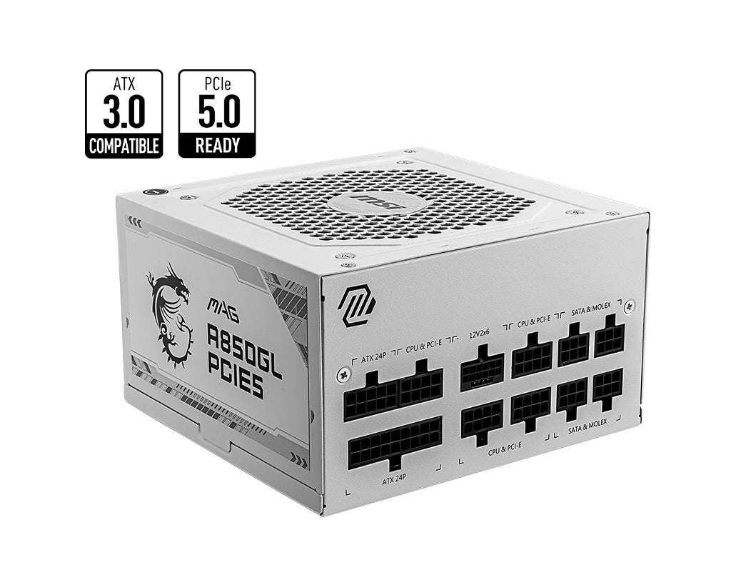 MSI MAG A850GL PCIE5 WHITE 850W Up to 90% (80 Plus Gold) ATX Power Supply Unit, PFC, 100~240 VAC, 850W, 47-63Hz, PCI-E, SATA, FDD MAG A850GL PCIE5 WHITE
