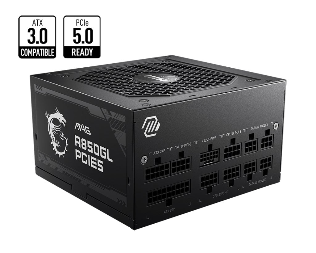 MSI MAG A850GL PCIE5 850W Up to 90% (80 Plus Gold) ATX Power Supply Unit, PFC, 100~240 VAC, 850W, 47-63Hz, PCI-E, SATA, FDD MAG A850GL PCIE5