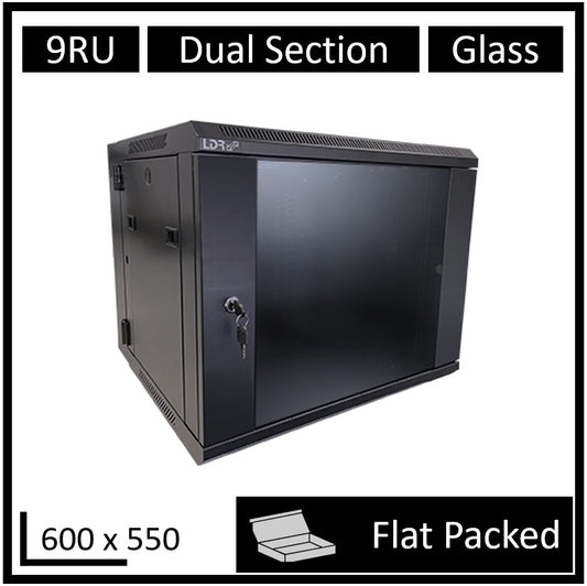 LDR Flat Packed 9U Hinged Wall Mount Cabinet (600mm x 550mm) Glass Door - Black Metal Construction - Top Fan Vents - Side Access Panels WB-DS65090NB-FP