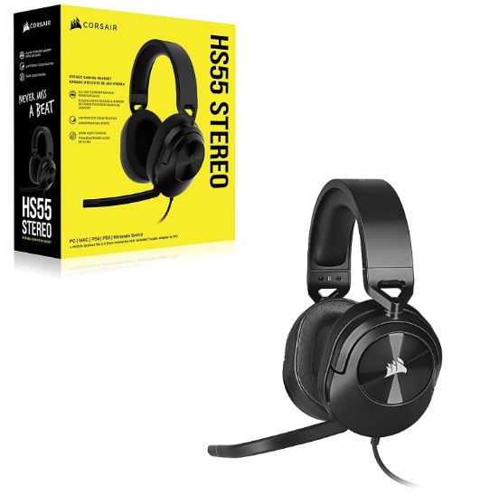 Corsair HS55 Carbon Stereo Gaming Headset, PS5 3D Audio, PS5, Switch, Discord Certified, Ultra Comfort Foam, 3.5mm Wired CA-9011260-AP