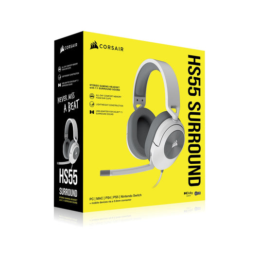 Corsair HS55 White Stereo Gaming Headset, PS5 3D Audio PS, Switch, Discord Certified, Ultra Comfort Foam, 3.5mm Wired CA-9011261-AP