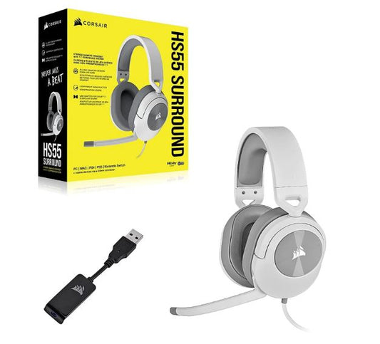 Corsair HS55 White 7.1 SURROUND Gaming Headset, PS5, Switch. ICUE, Discord Certified, Ultra Comfort Foam, 3.5mm Wired  CA-9011266-AP