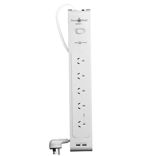 PowerShield PSZ5U2 ZapGuard 5 Way Power Surge Filter Board, 2 x USB Connectors, Wide Spaced Sockets, Wall Mountable, White, $40, 000 Connected Equipment PSZ5U2