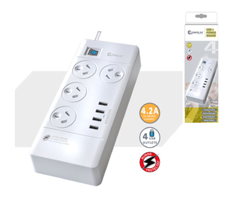 Sansai 4 Outlets & 4 USB Outlets Surge Protected Powerboard Master On/Off switch 1M lead & Right angle plug 230-240VAC IV Retail box PAD-4044C