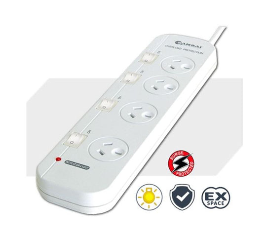 Sansai 4-Way Power Board (421SW) with Individual Switches and Surge Protection 2 Extra Spaced Sockets Indicator Light 100CM Lead 240VAC 50Hz 10A PAD-421SW