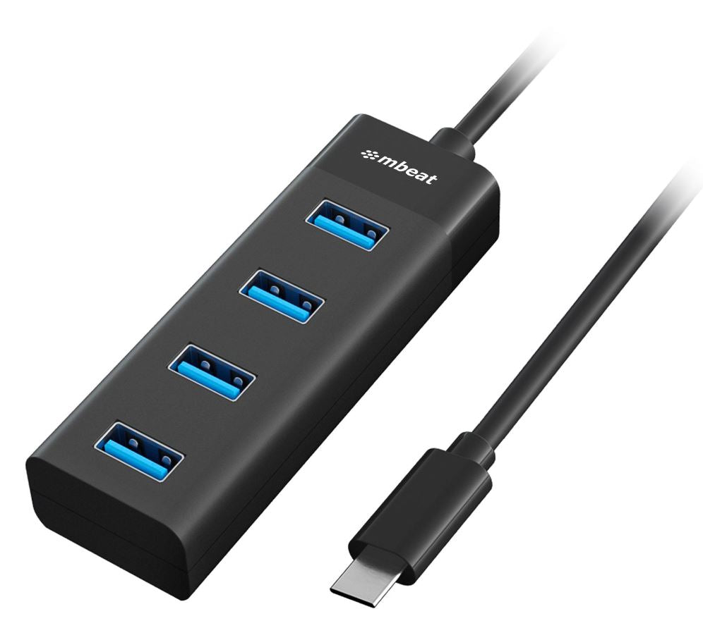 mbeat USB-C to 4-Port 3.0 Hub - Black USB 3.0 transfer speeds up to 5Gbps Material: ABS Plastic Cable Length: 200mm Weights: 36g MB-C3H-4K