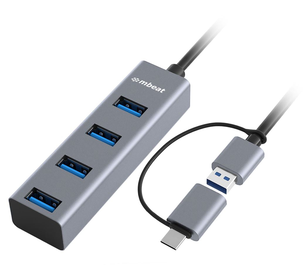 mbeat 4-Port USB 3.0 Hub with 2-in-1 USB 3.0 & USB-C Converter - Space Grey transfer speeds up to 5Gbps Material: Aluminium Weight: 48g MB-CU3H-4G