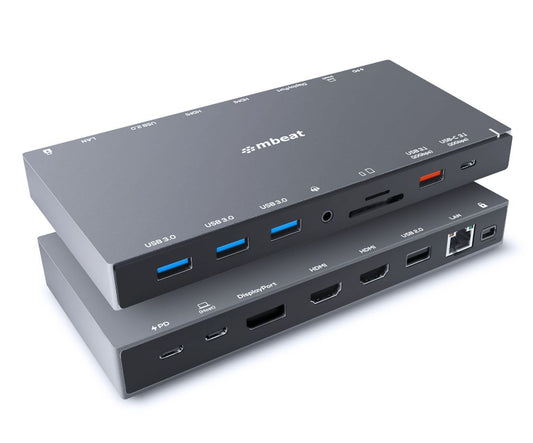 mbeat 15-in-1 Triple Display USB-C Docking Station 2x HDMI 1x DP 1x 100W PD 3.0 1x USB-C 3.1 Gen2 3x USB 3.0 1x USB 3.1 Gen2 MicroSD/SD Card 1x 1Gb MB-UCD-X15
