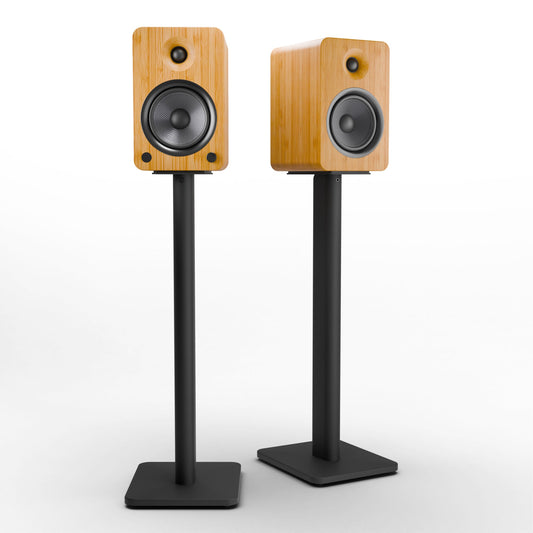 Kanto YU6 200W Powered Bookshelf Speakers with Bluetooth and Phono Preamp - Pair, Bamboo with SP26PL Black Stand Bundle KO-YU6BAMBOO-SP26PL